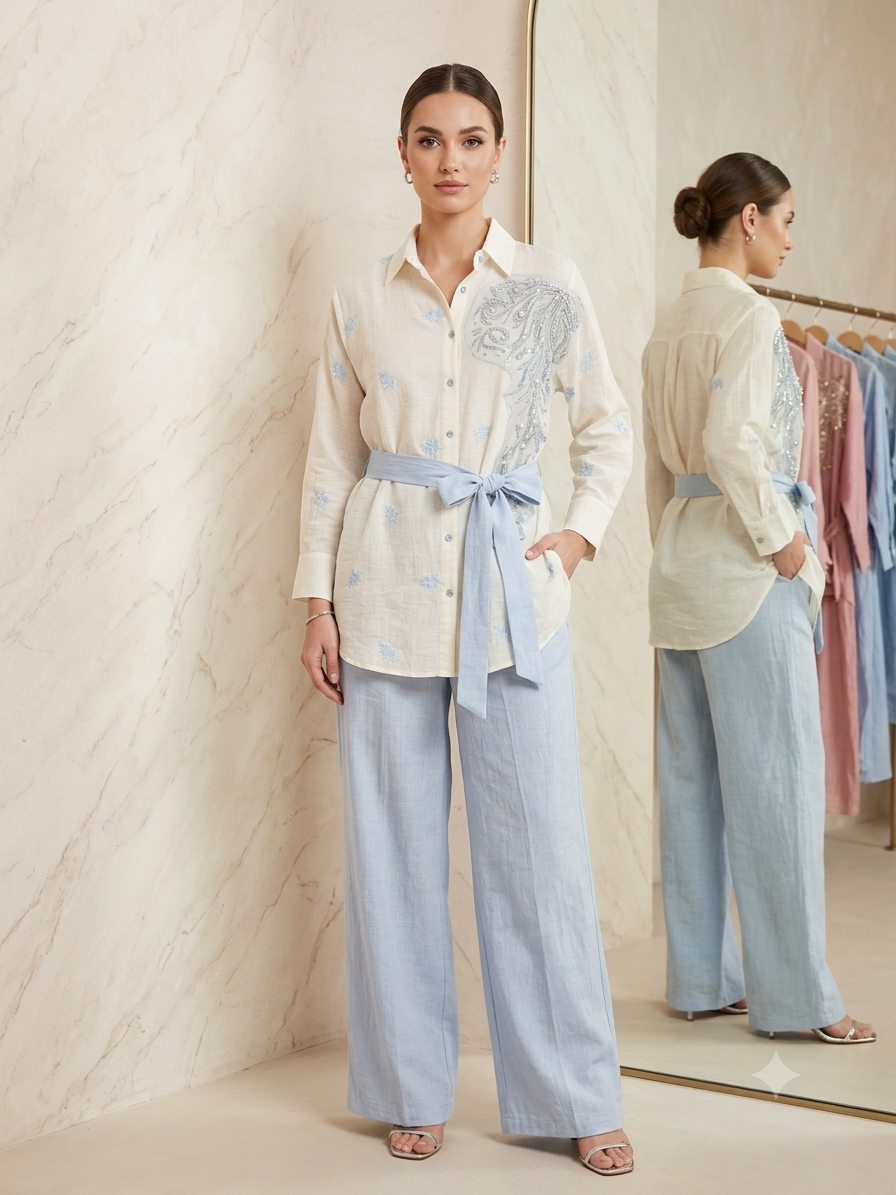 Blue Paisley white button-front shirt with powder-blue paisley embellishments, a tie belt and matching trousers