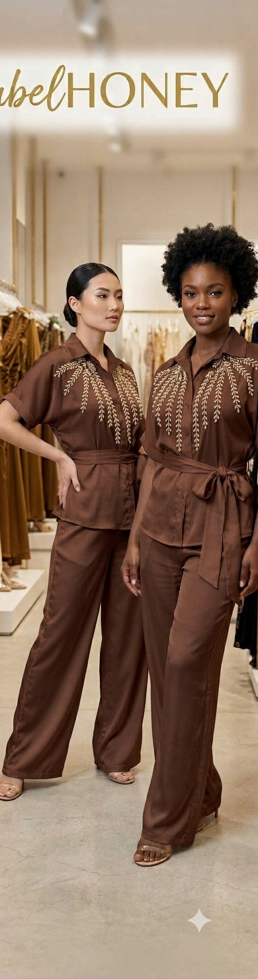 Two models wearing chocolate-brown embellished button-front shirts with waist ties and matching wide-leg trousers