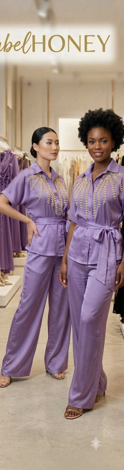 Two models wearing lavender embellished button-front shirts with waist ties and matching wide-leg trousers