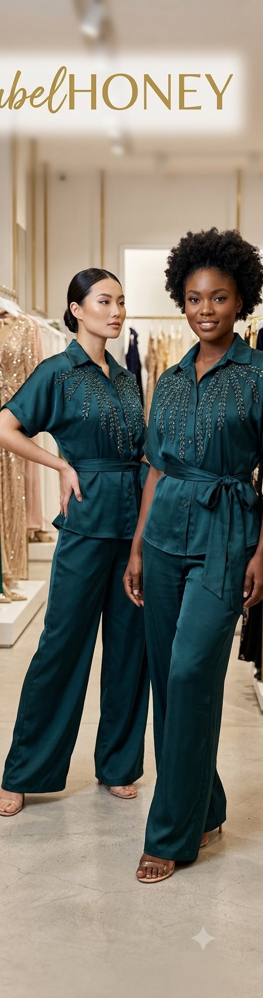 Two models wearing teal embellished button-front shirts with waist ties and matching wide-leg trousers