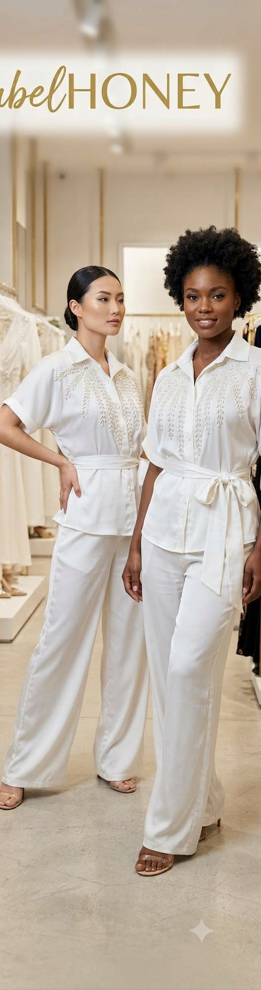 Two models wearing white embellished button-front shirts with waist ties and matching wide-leg trousers