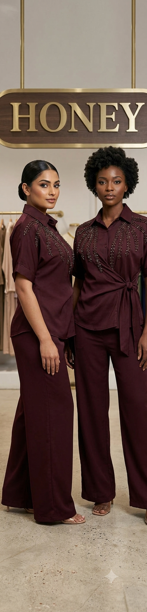 Two models wearing wine-colored embellished button-front shirts with matching wide-leg trousers, one with a tied waist