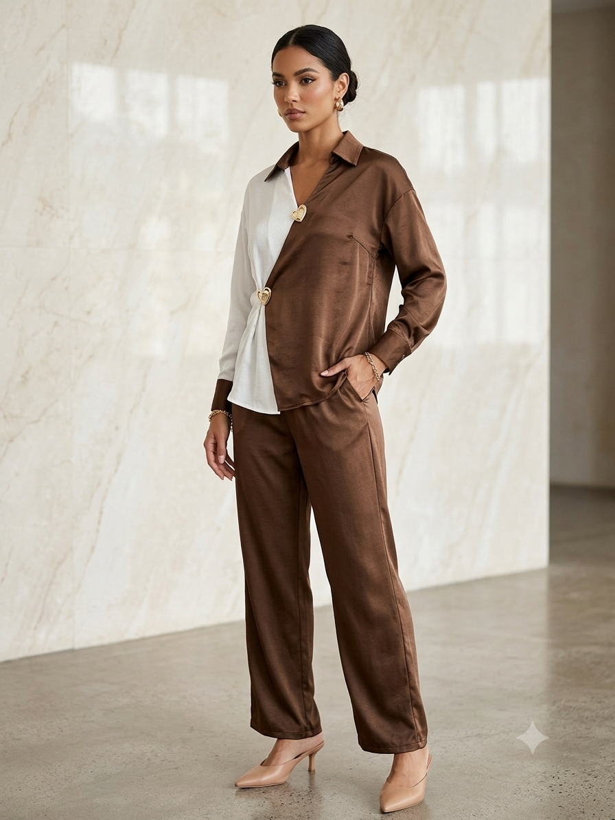 Cocoa Contrast cocoa-brown and white asymmetric shirt with gold-tone fastenings and matching wide-leg trousers