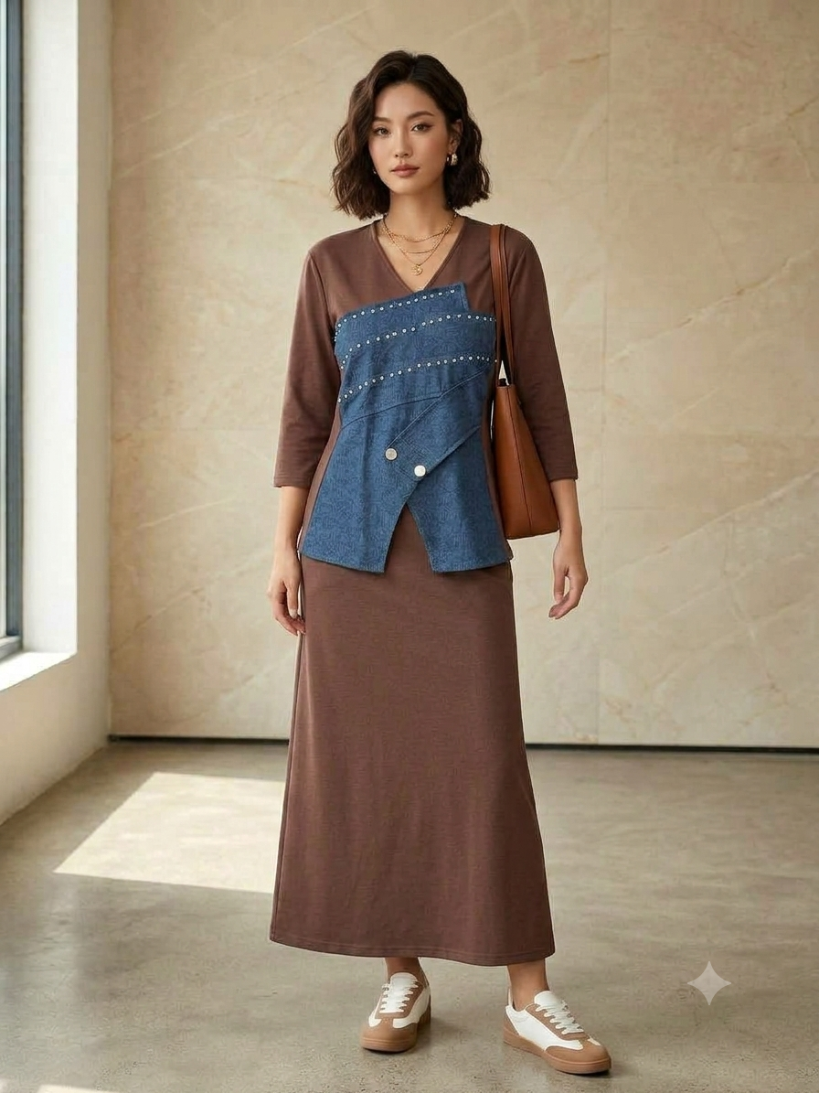 Cocoa-brown V-neck midi dress with an asymmetric blue denim panel and silver-tone stud details