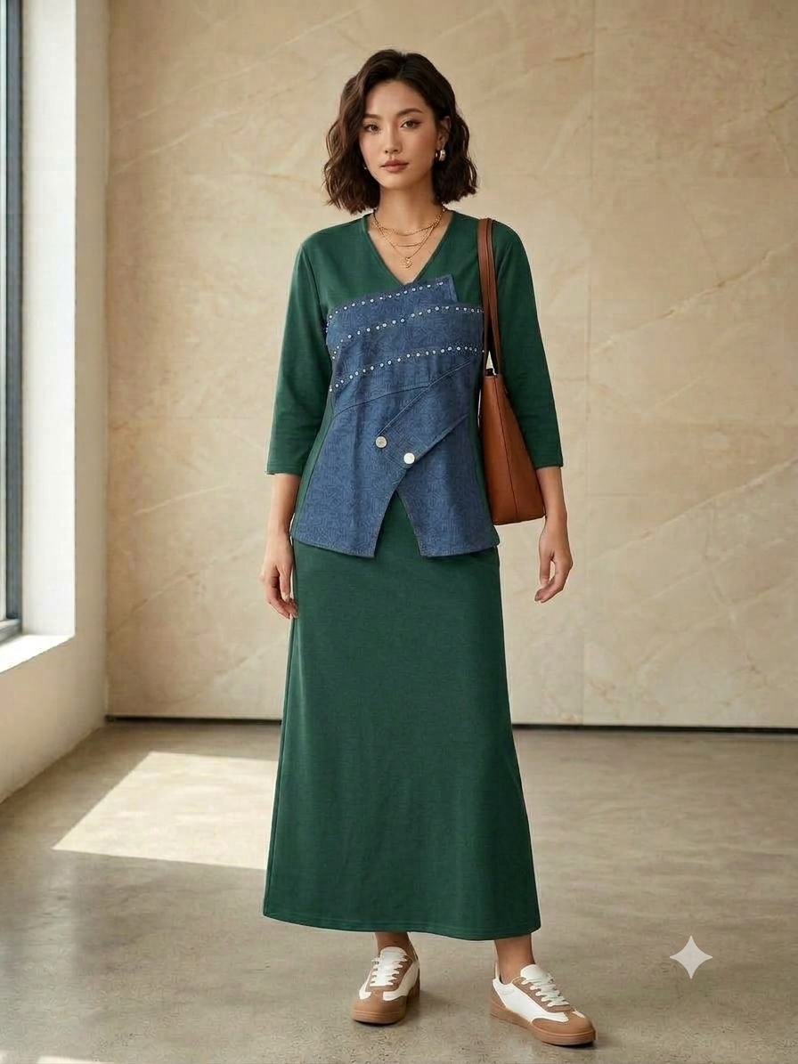 Forest-green V-neck midi dress with an asymmetric blue denim panel and silver-tone stud details