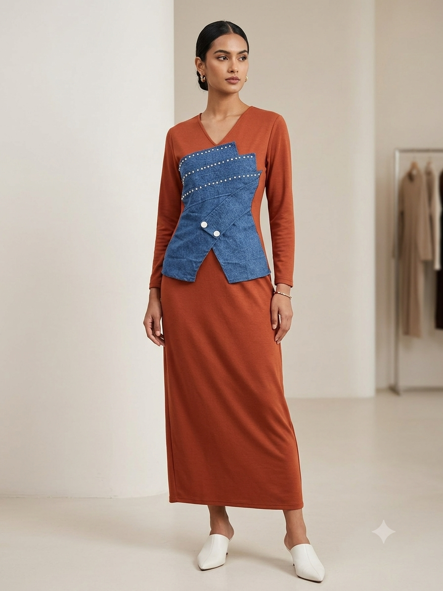 Rust V-neck midi dress with an asymmetric blue denim panel and silver-tone stud details