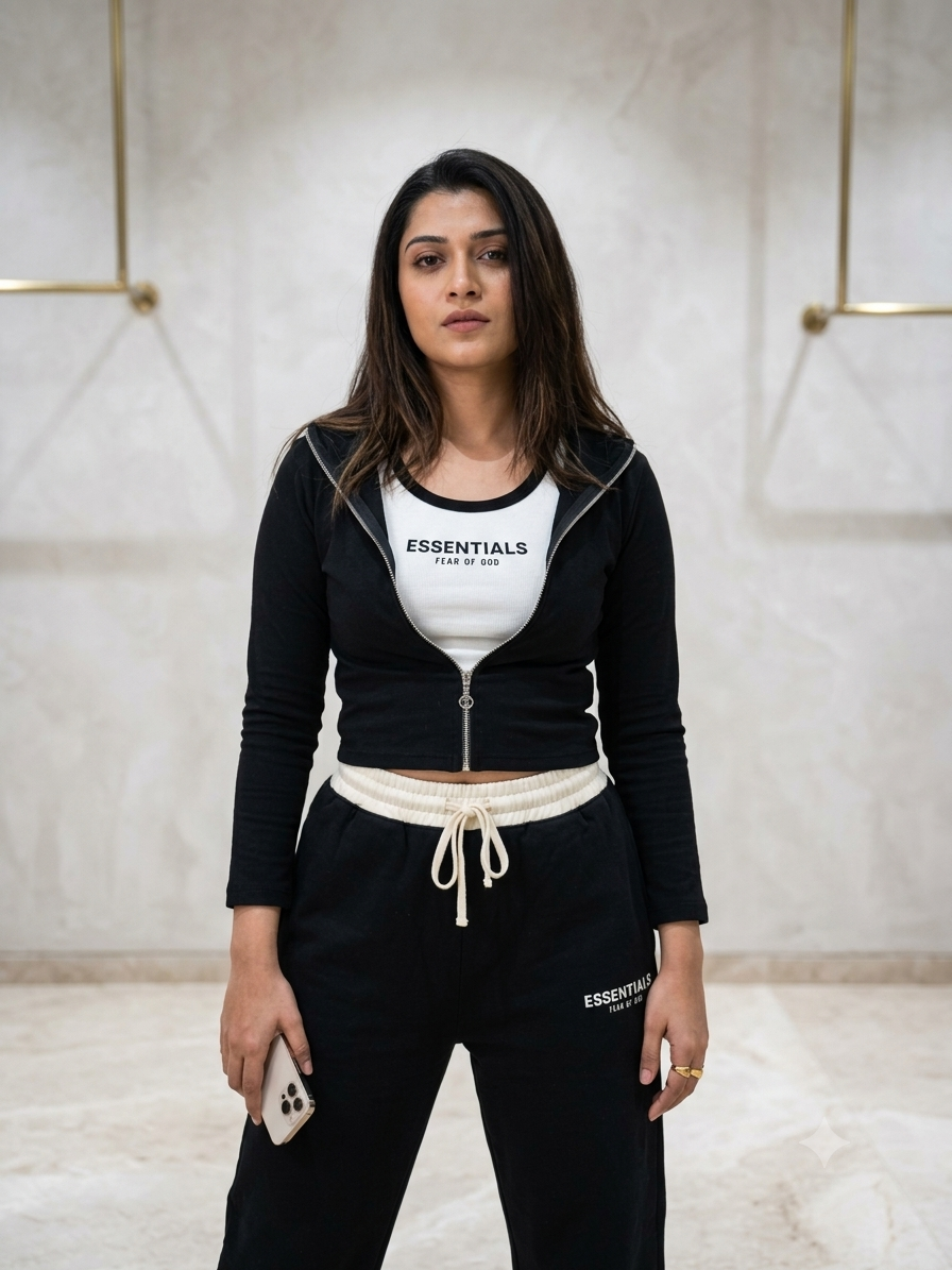 Model wearing a black long-sleeve zip-front top over a white printed top with matching black trousers and a cream drawstring waistband