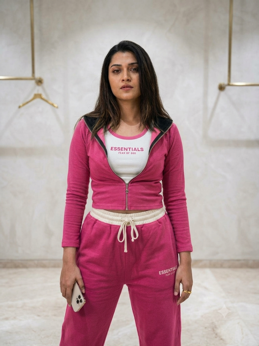 Model wearing a pink long-sleeve zip-front top over a white printed top with matching pink trousers and a cream drawstring waistband