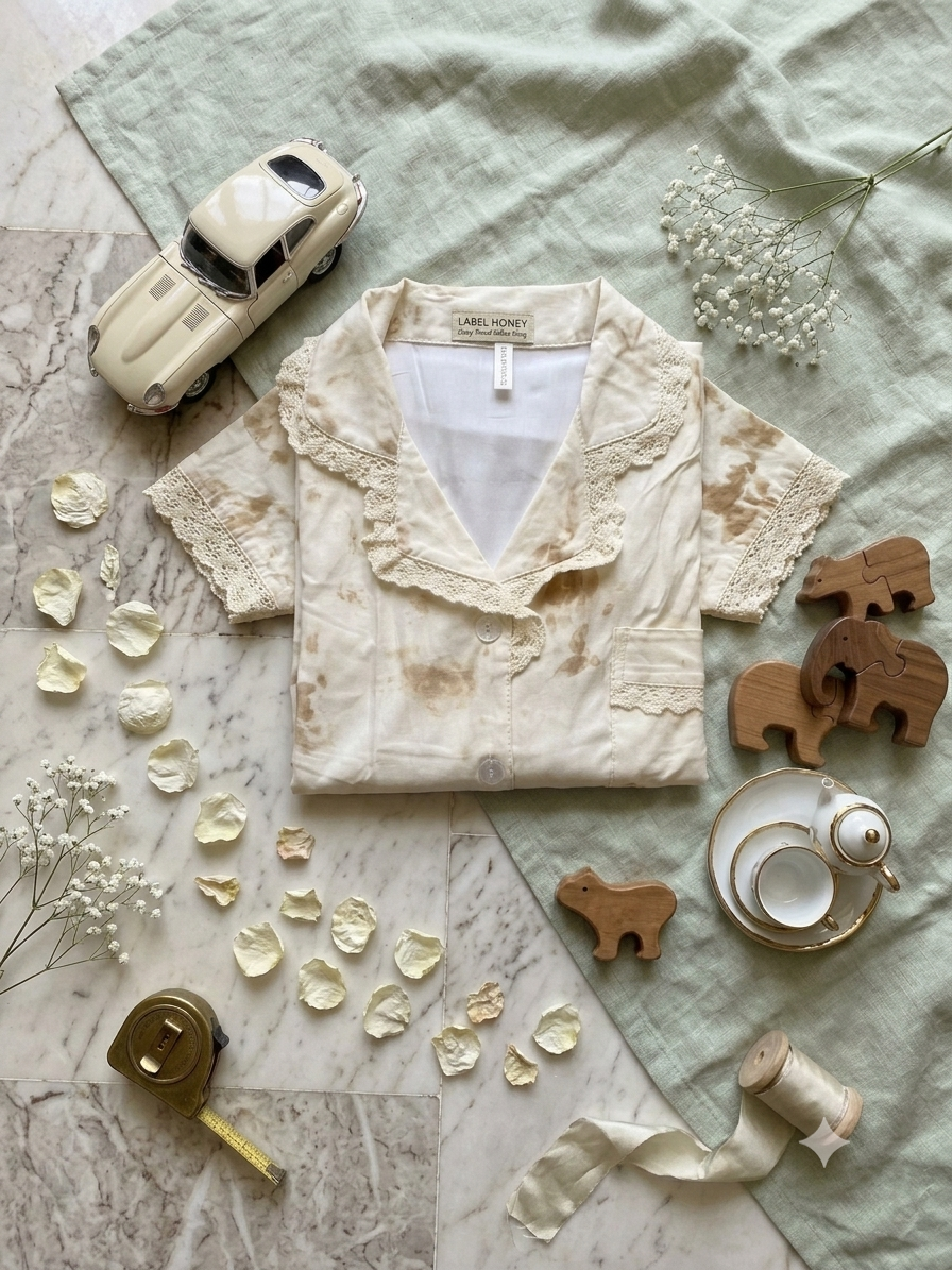 Cream floral-print half-sleeve hosiery nightsuit top with lace-trimmed sleeves and collar, a button front and chest pocket