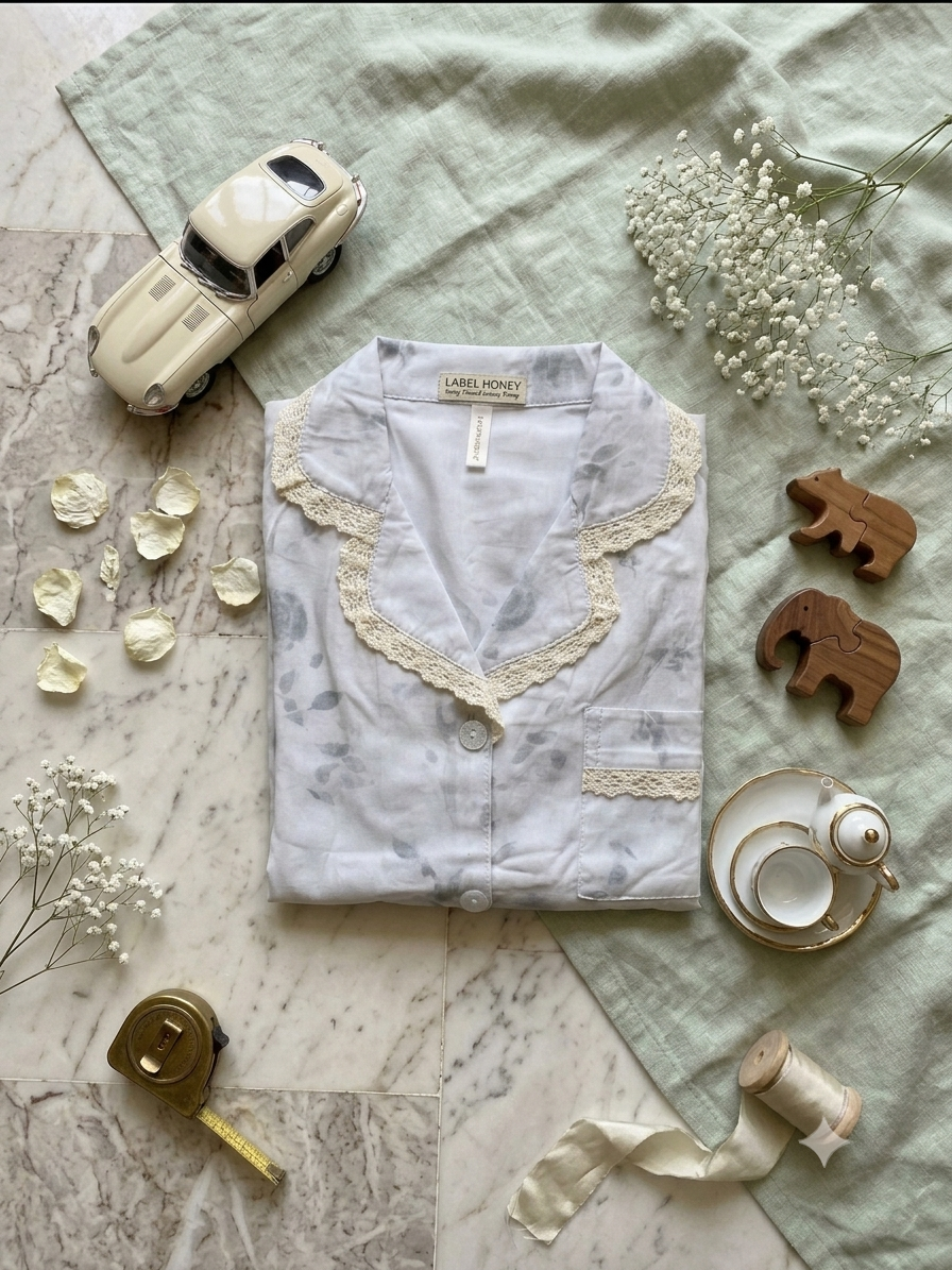 Folded grey floral-print hosiery nightsuit top with a lace-trimmed collar, button front and chest pocket