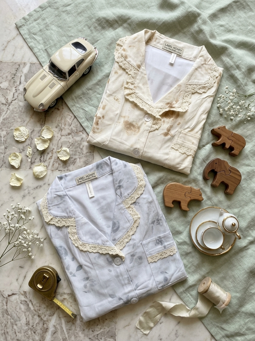 Cream and grey floral-print hosiery nightsuit tops displayed together with lace-trimmed collars, button fronts and chest pockets