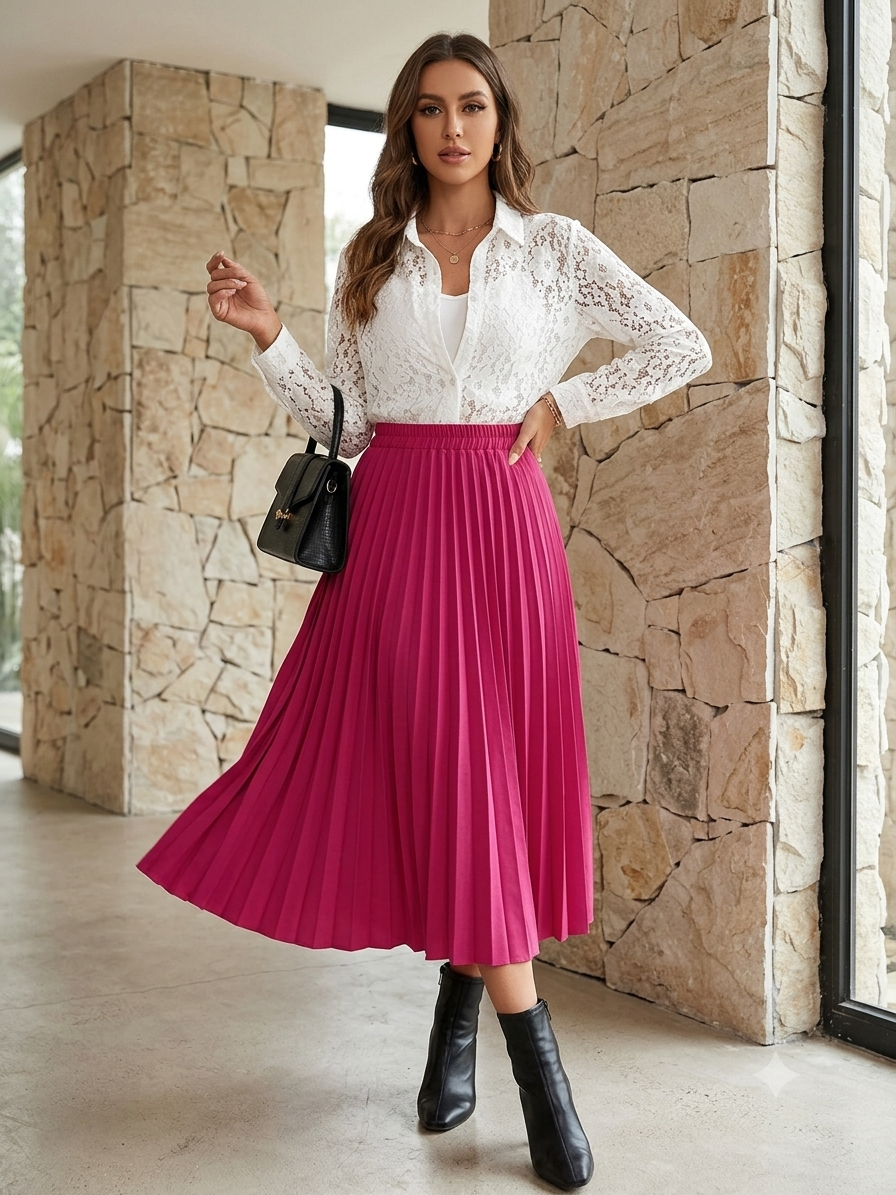 Fuchsia Glow coord set with a white lace shirt and fuchsia pleated midi skirt