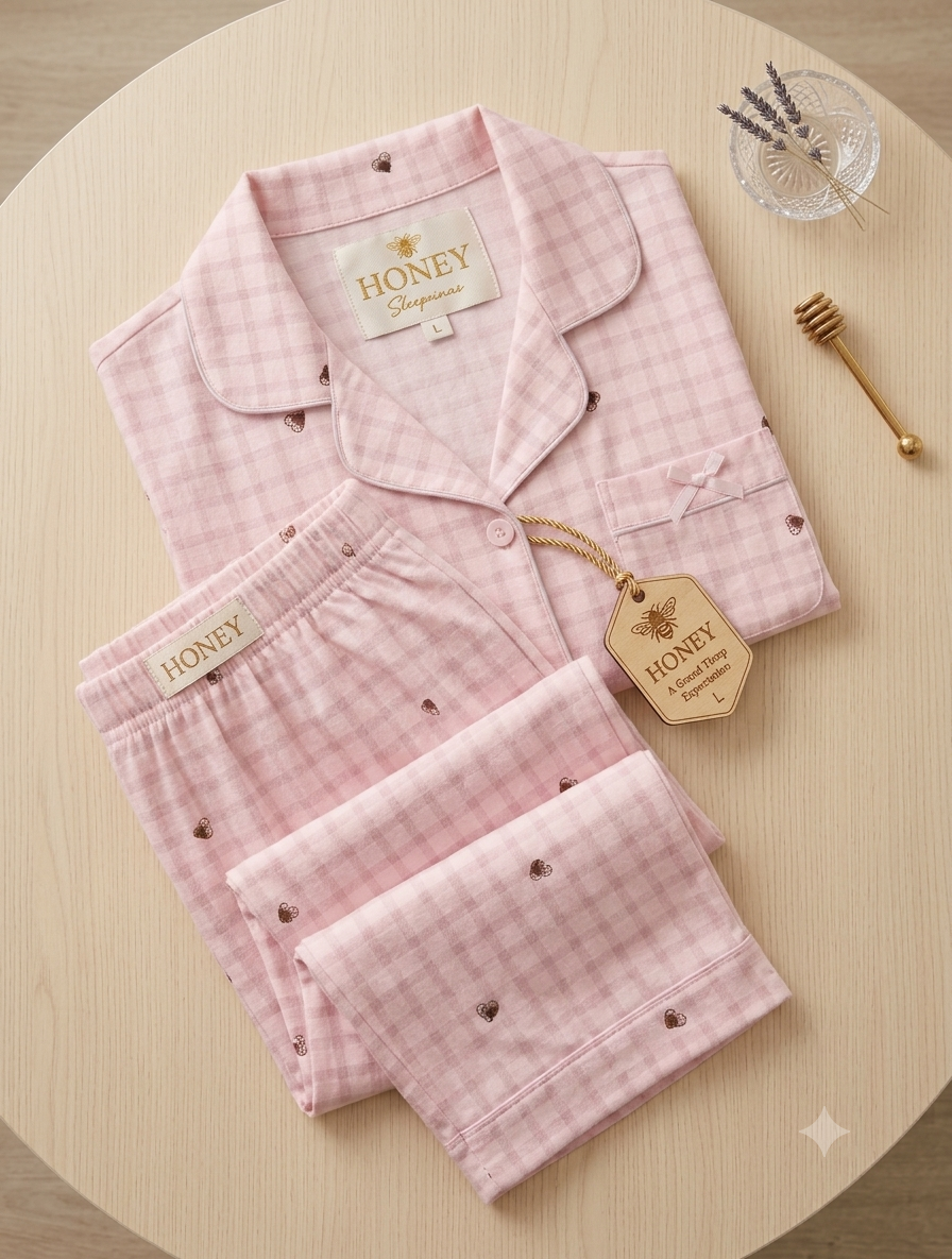 Pink gingham nightsuit with small heart motifs, a piped button-front collar, bow-trimmed pocket and matching trousers, folded on a wooden table