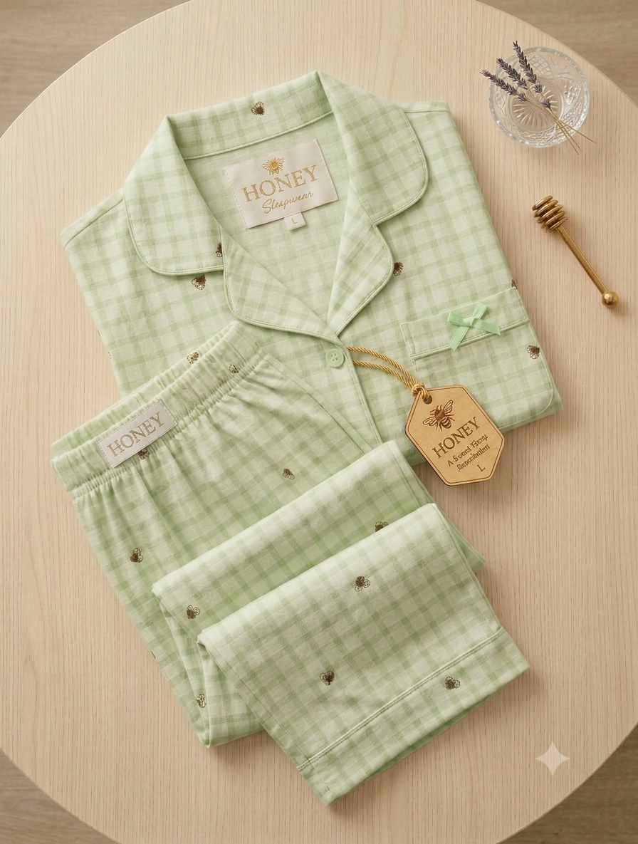Sage-green gingham nightsuit with small heart motifs, a piped button-front collar, bow-trimmed pocket and matching trousers, folded on a wooden table
