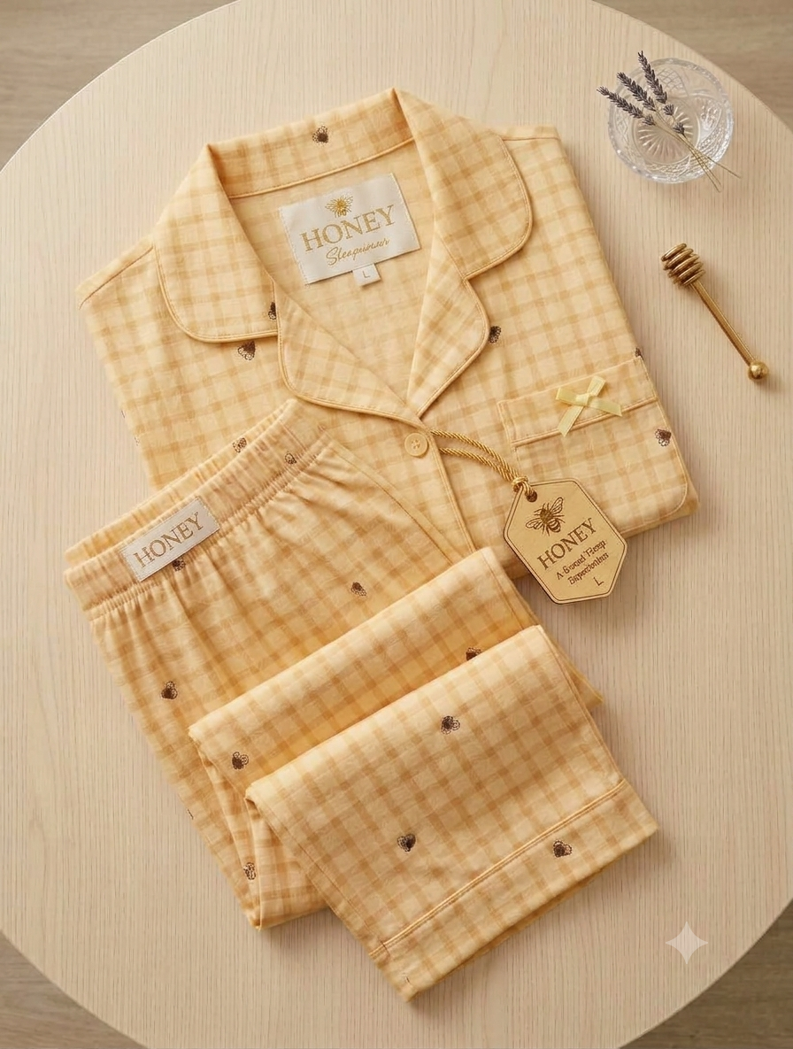 Yellow gingham nightsuit with small heart motifs, a piped button-front collar, bow-trimmed pocket and matching trousers, folded on a wooden table