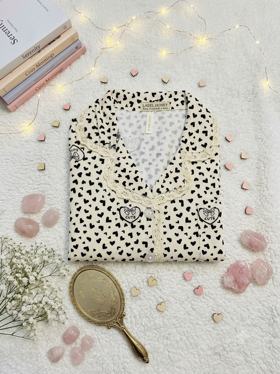 Folded cream hosiery nightsuit top with black heart motifs, a lace-trimmed collar and button front