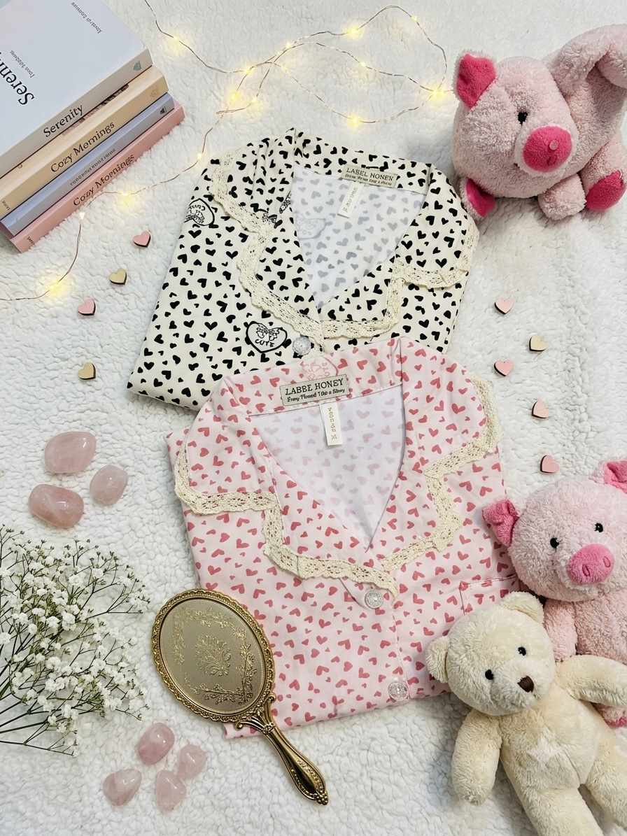 Cream and pink heart-print hosiery nightsuit tops displayed together with lace-trimmed collars and button fronts