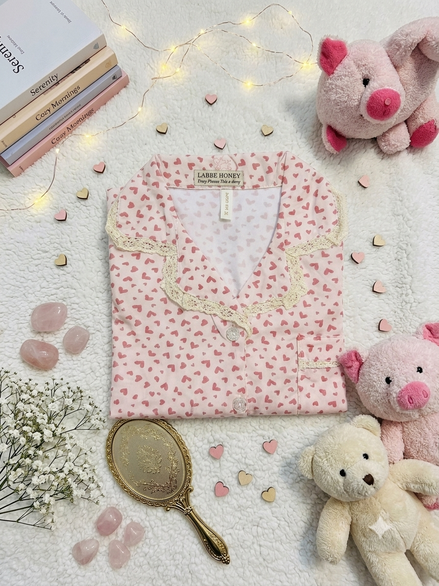 Folded pink heart-print hosiery nightsuit top with a lace-trimmed collar, button front and chest pocket