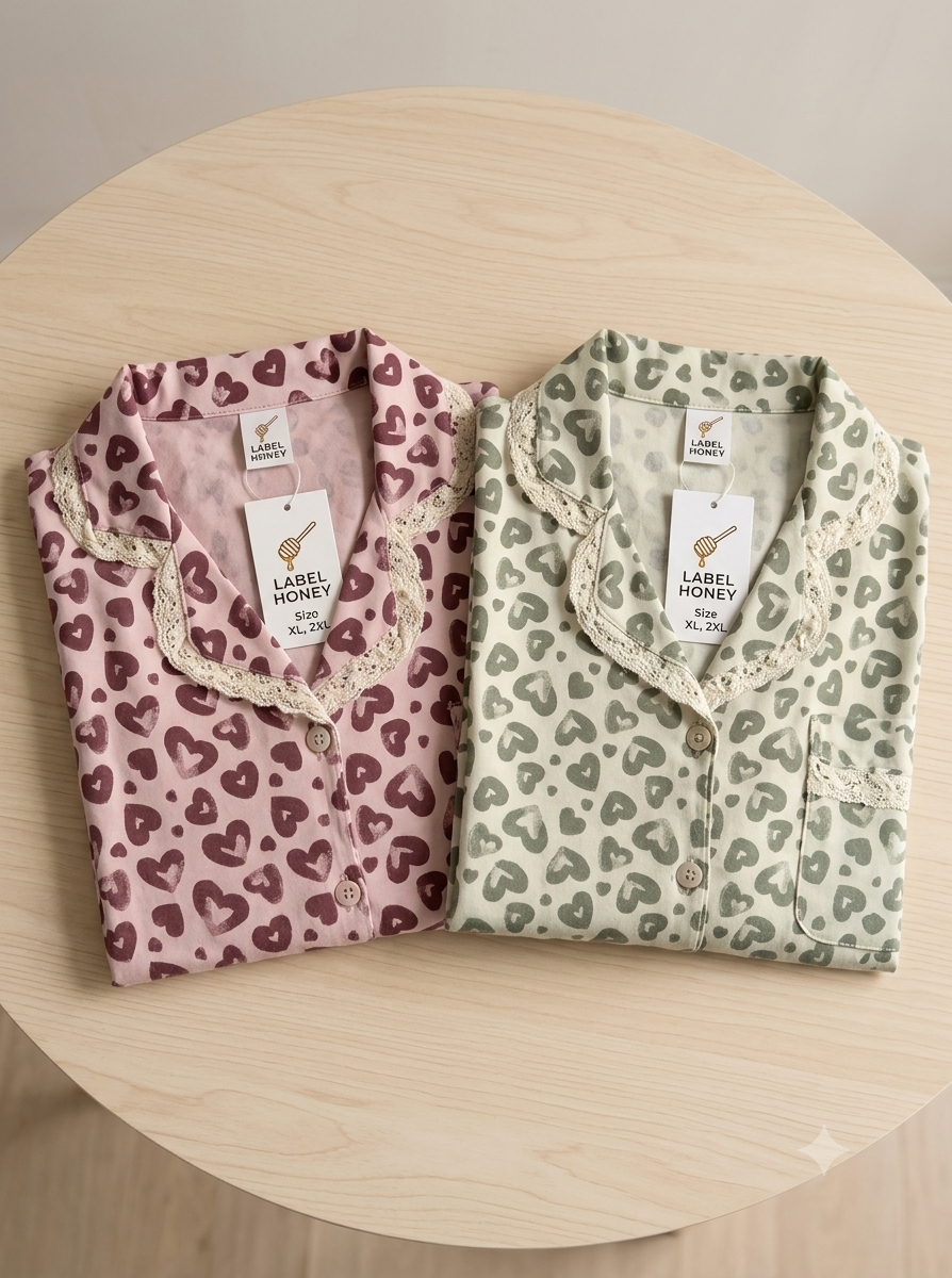 Heart Lace two-piece nightsuit · full sleeves · pink and sage heart prints with lace-trimmed collars
