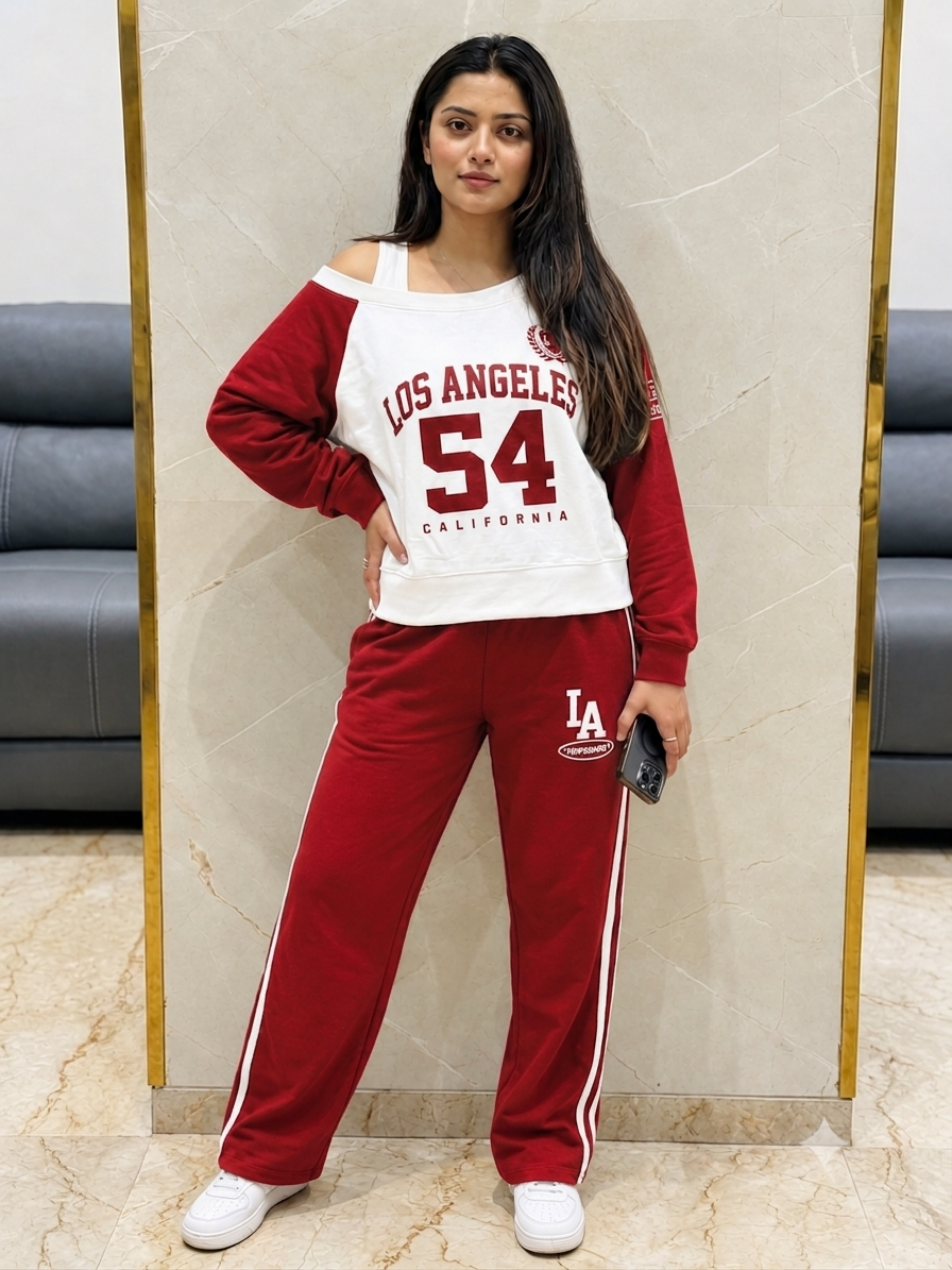 Model wearing a white and red Los Angeles 54 long-sleeve top with a shoulder cutout and matching red wide-leg trousers with white side stripes