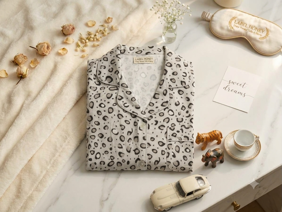 Folded grey leopard-print hosiery nightsuit top with a piped button-front collar and chest pocket