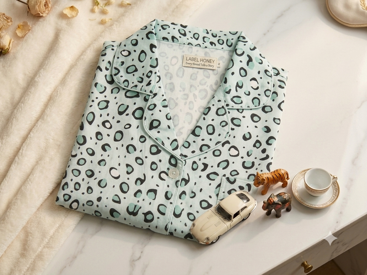 Folded mint leopard-print hosiery nightsuit top with a piped button-front collar and chest pocket