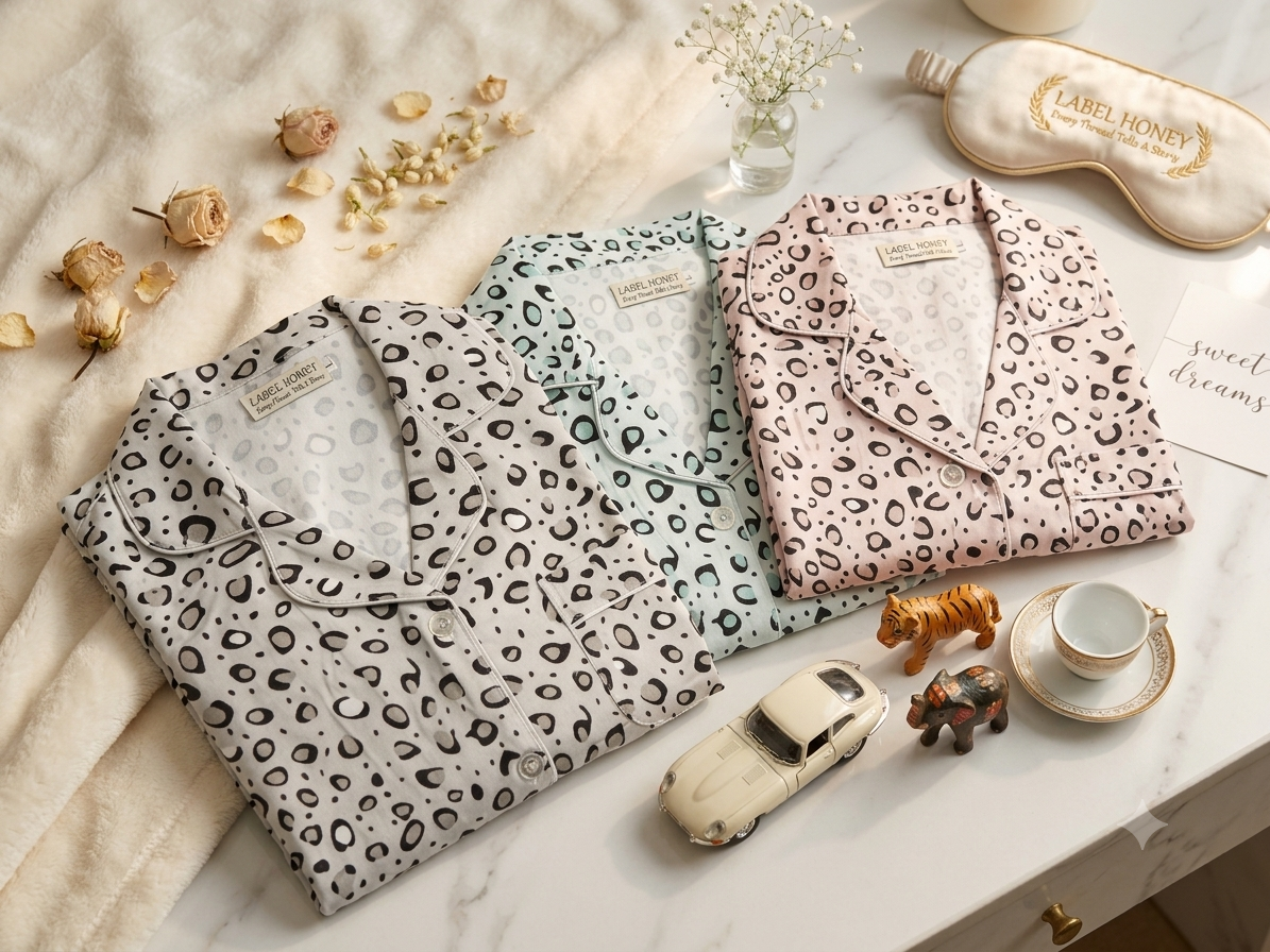Grey, mint and pink leopard-print hosiery nightsuit tops displayed together with piped collars and chest pockets