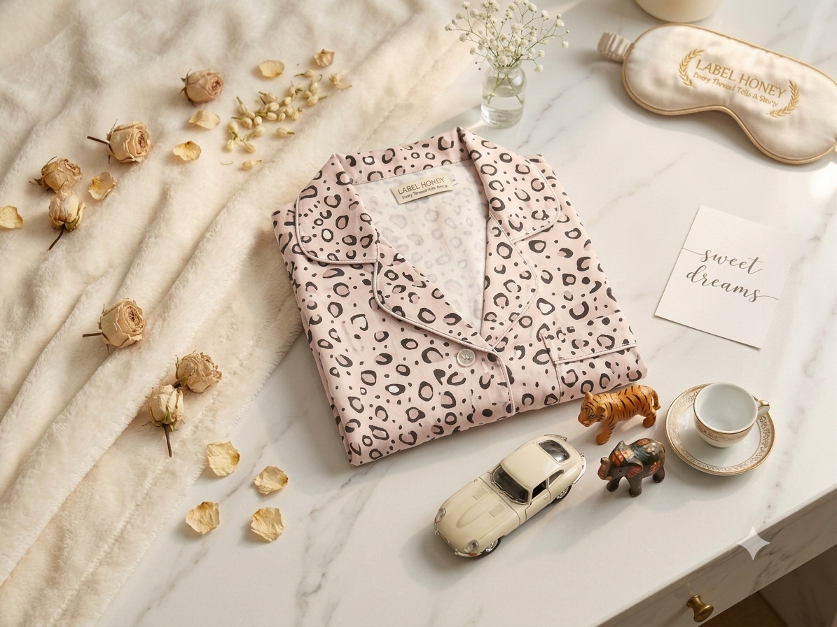 Folded pink leopard-print hosiery nightsuit top with a piped button-front collar and chest pocket