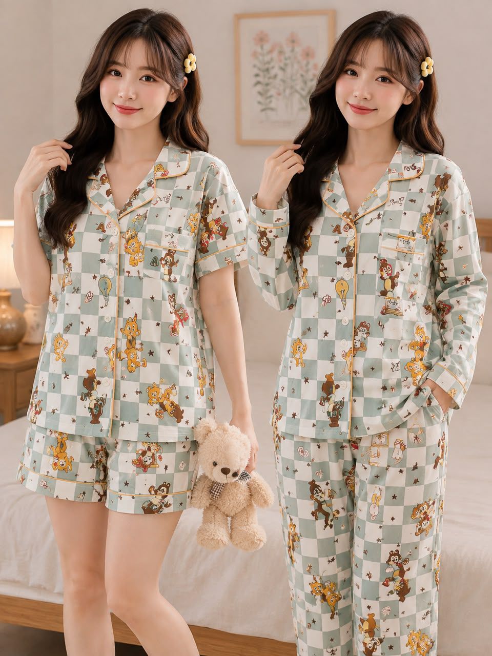 Peach Gingham 3-piece korean nightsuit