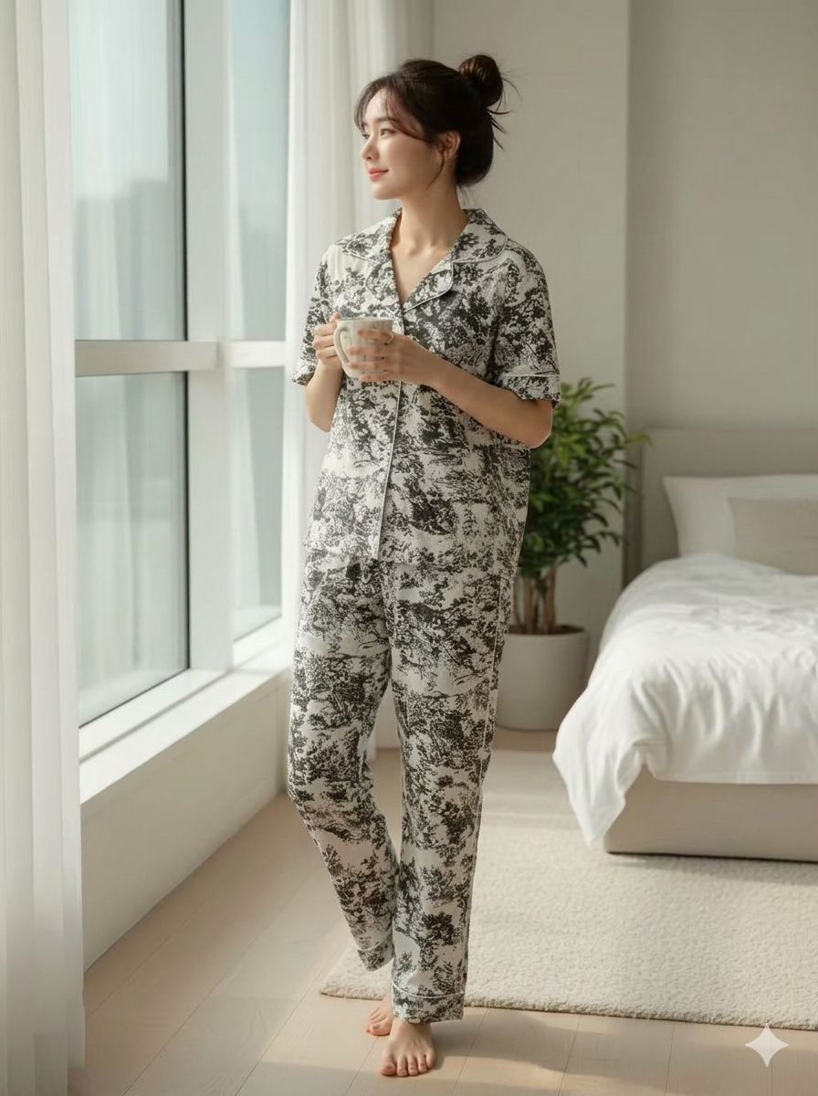 Monochrome Meadow two-piece cotton nightsuit