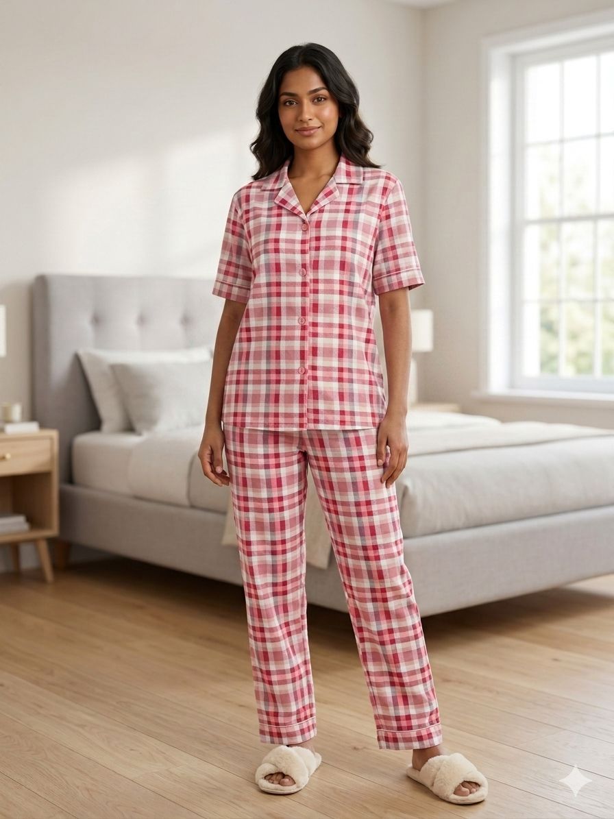 Cherry Checkmate two-piece cotton nightsuit