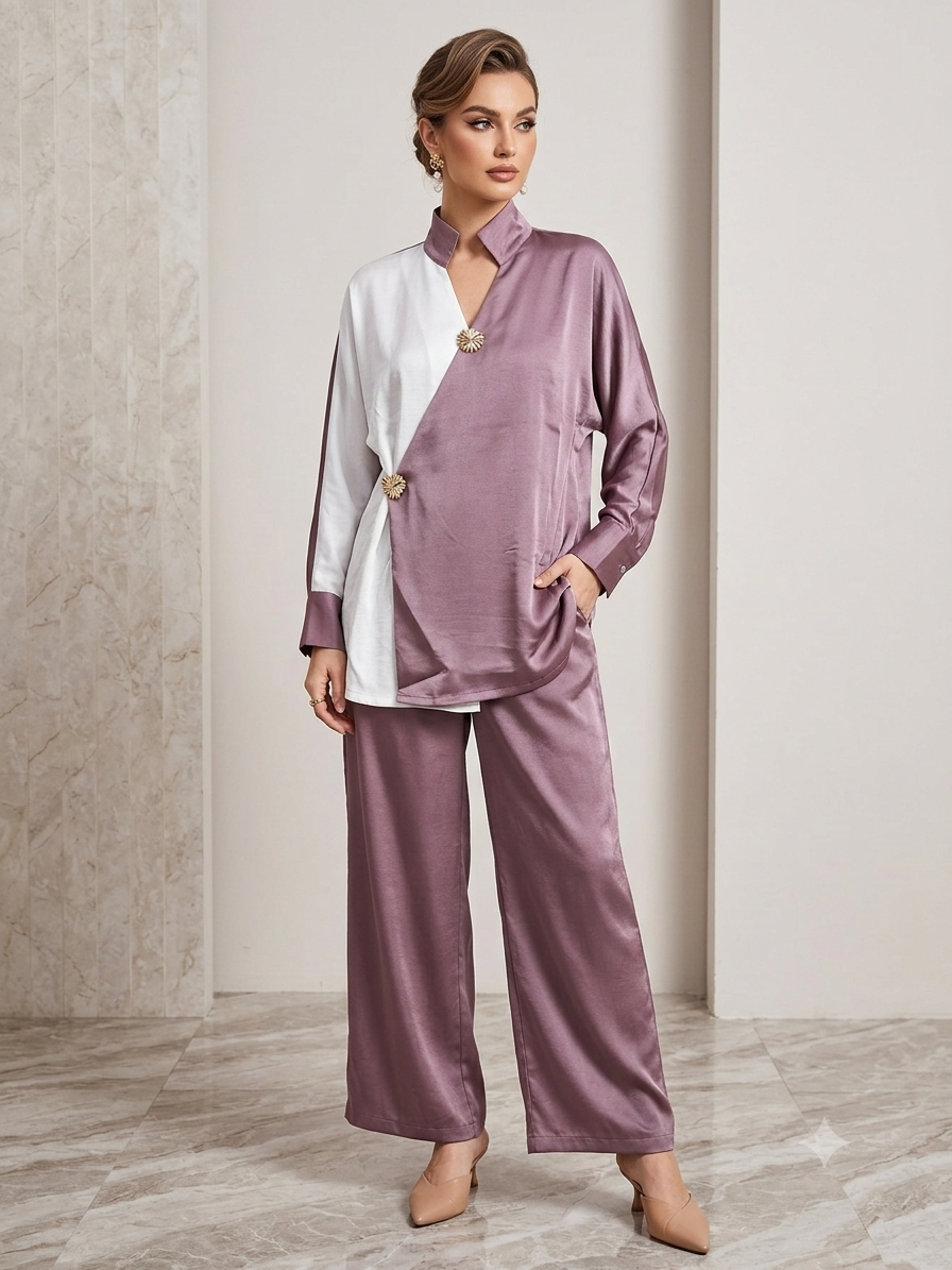 Mauve Contrast mauve and white asymmetric shirt with gold-tone fastenings and matching wide-leg trousers