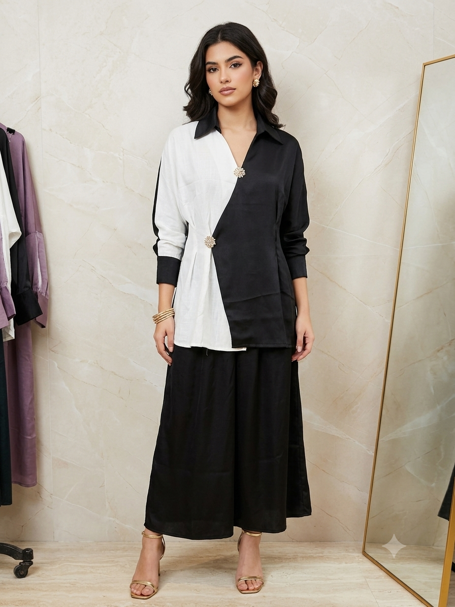 Midnight Contrast black and white asymmetric shirt with gold-tone fastenings and matching wide-leg trousers