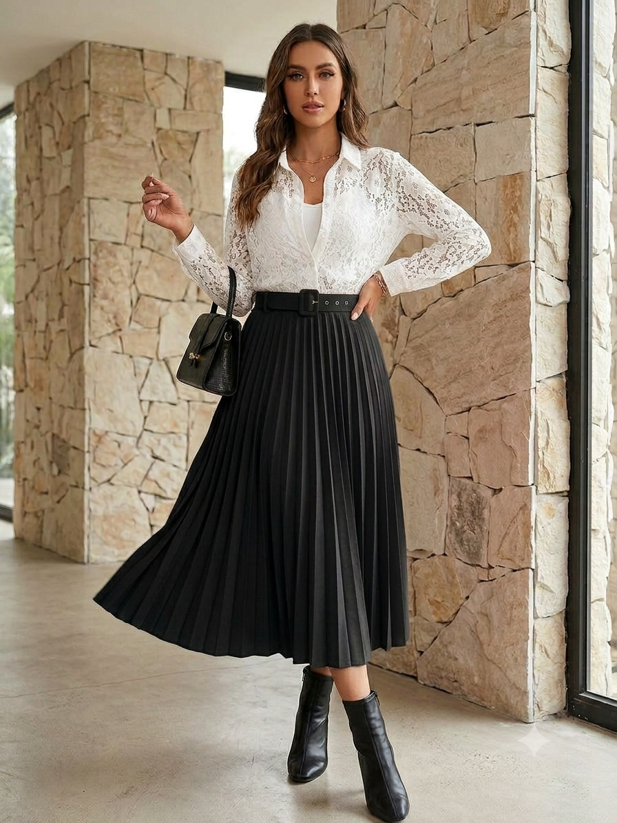 Midnight Spark white lace shirt and belted black pleated midi skirt coord set