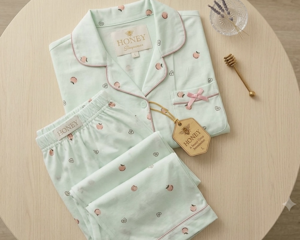 Mint Peach Daydream full-sleeve nightsuit with a pink-piped collar, bow-trimmed pocket and matching trousers