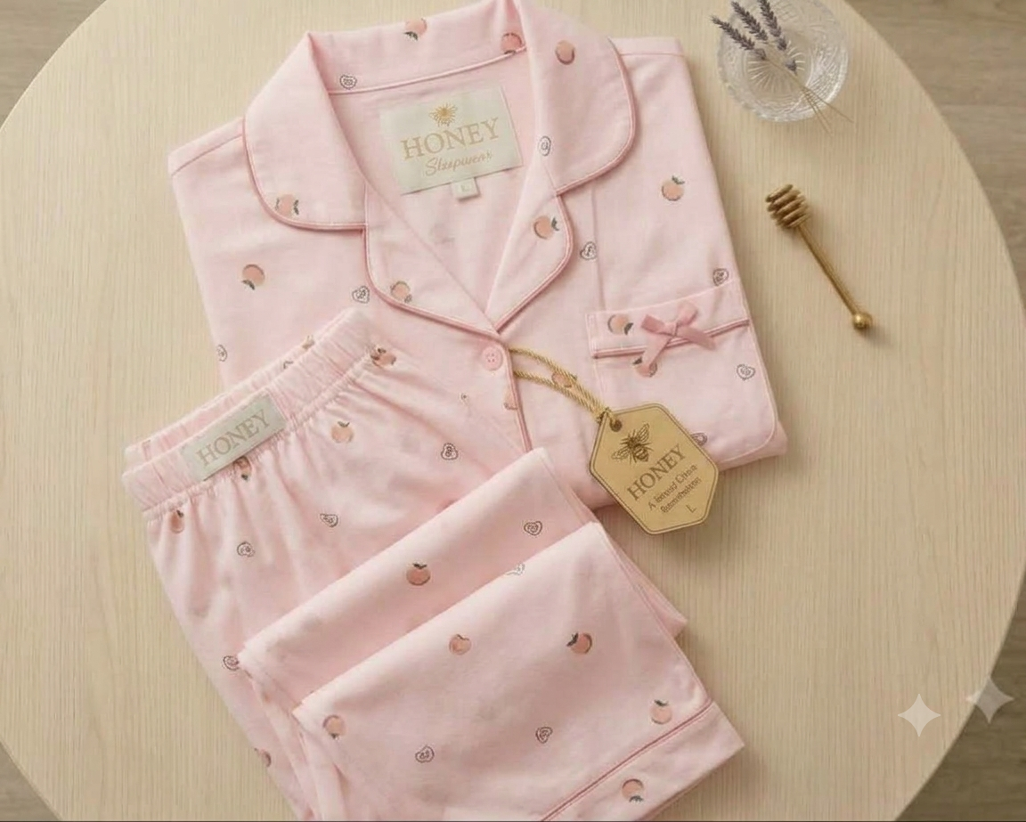 Pink Peach Daydream full-sleeve nightsuit with a piped collar, bow-trimmed pocket and matching trousers