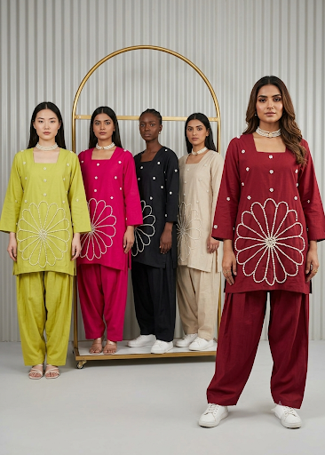 Pearl Bloom suit with neck pearls, floral embellishments and dupatta