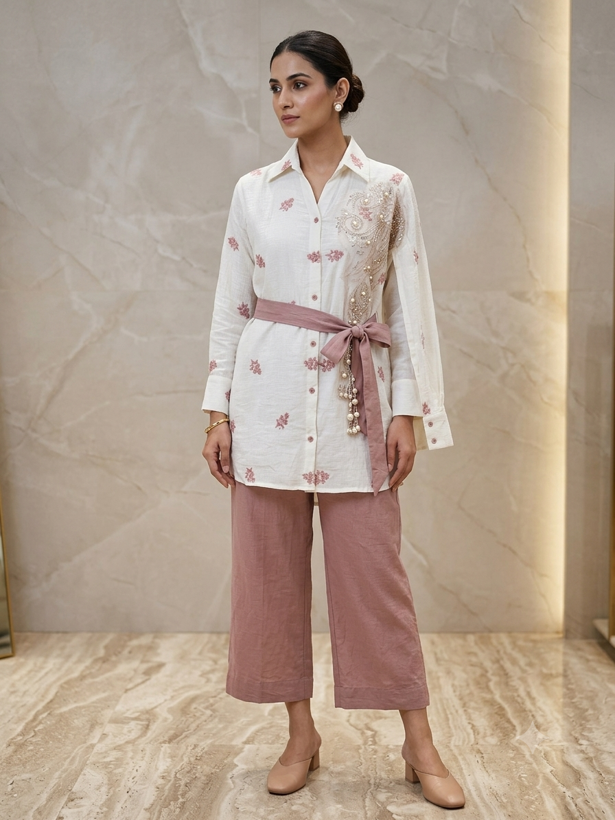 Rose Paisley white button-front shirt with rose paisley embellishments, a tie belt and matching cropped trousers
