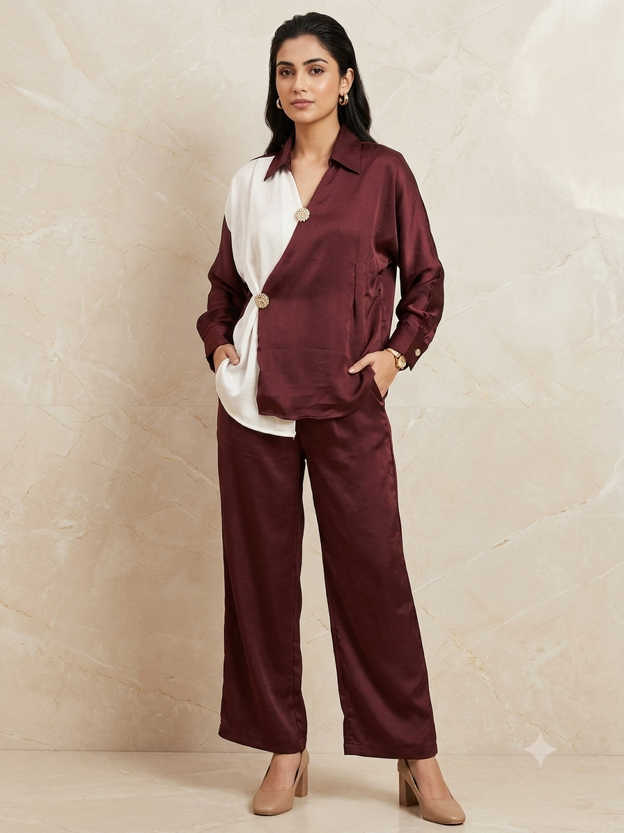 Wine Contrast wine and white asymmetric shirt with gold-tone fastenings and matching wide-leg trousers