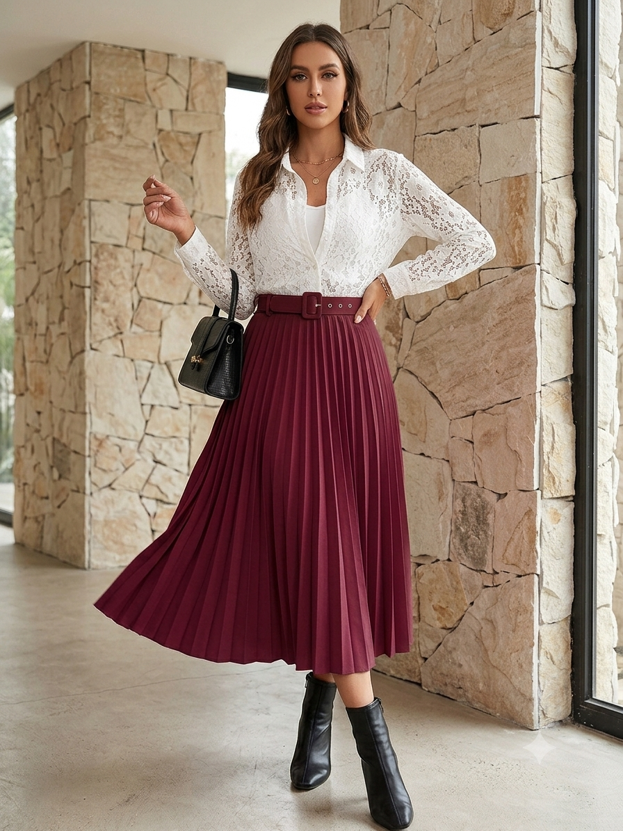 Wine Radiance coord set with a white lace shirt and belted wine pleated midi skirt